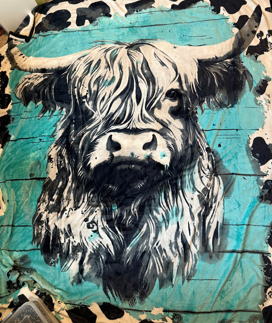 Turquoise Highland Cow Cowhide King Size Super Plush Blanket