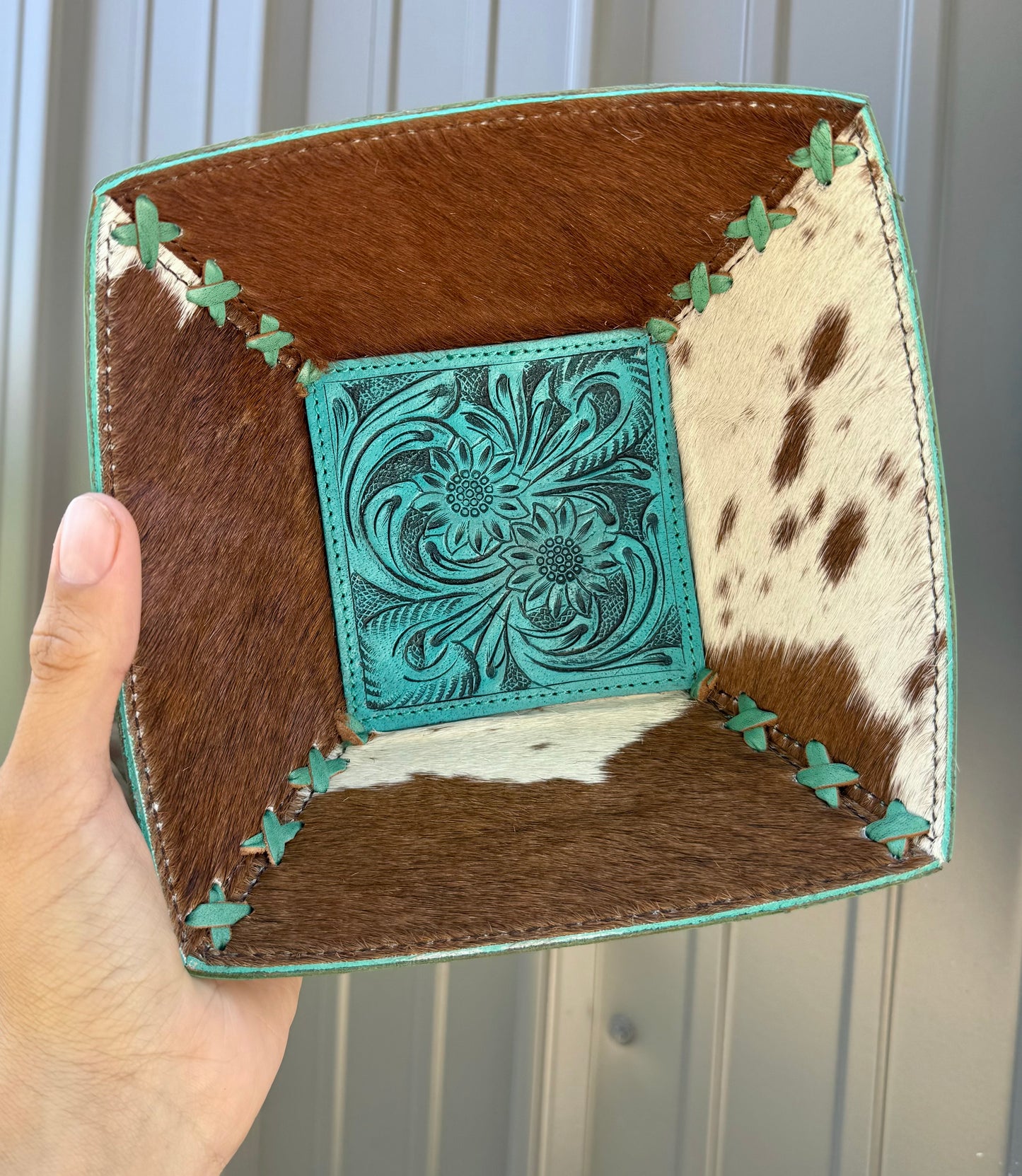 Turquoise Tooled Spotted Brown & White Genuine Cowhide Catch All Bowl