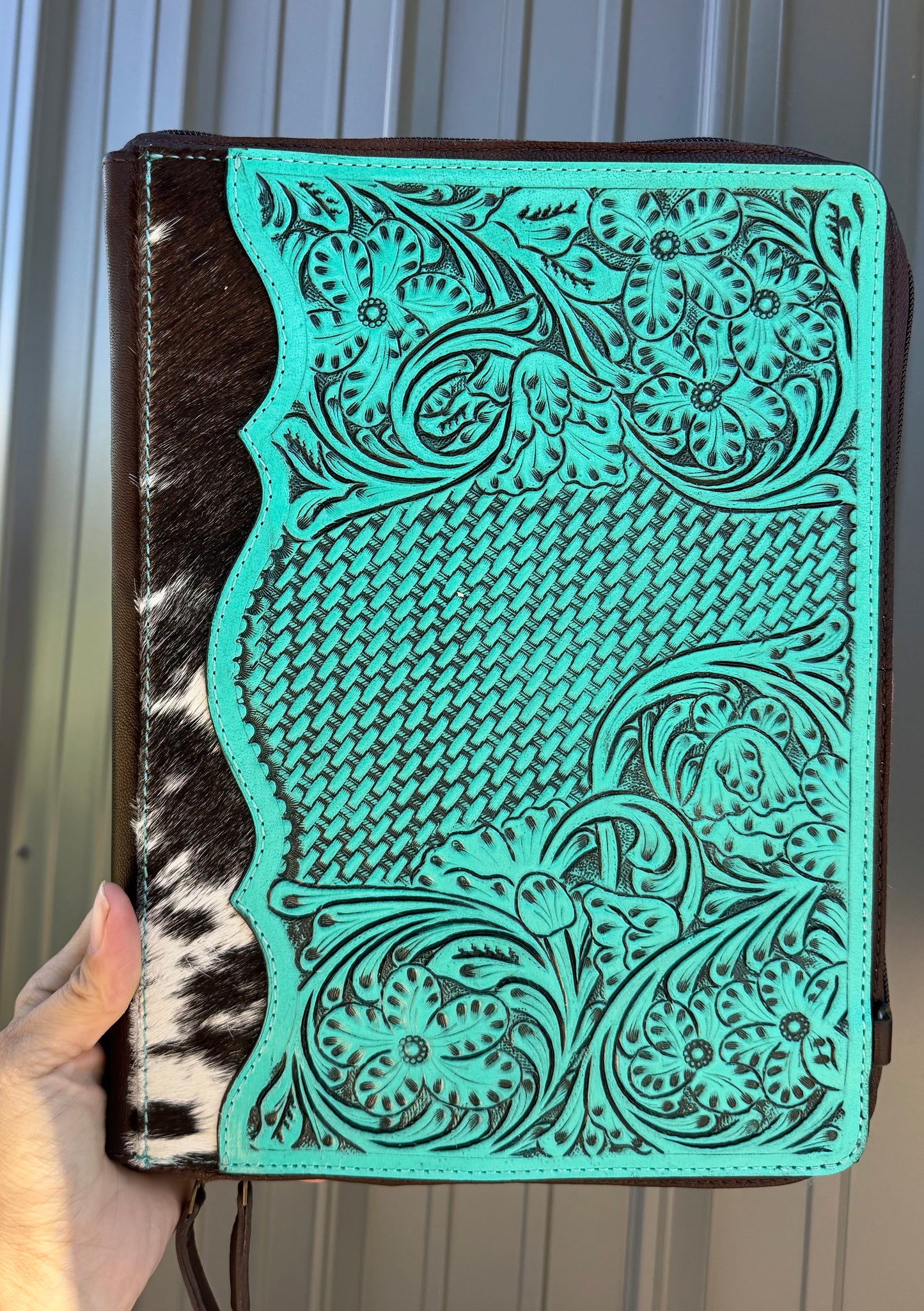Turquoise Tooled Leather Binder Planner Tooled Leather Cowhide with Crossbody Strap