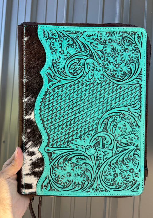 Turquoise Tooled Leather Binder Planner Tooled Leather Cowhide with Crossbody Strap