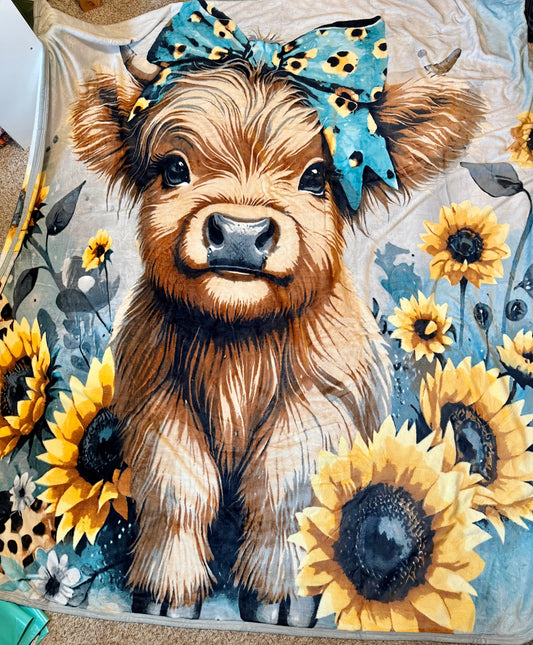 Sunflower Highland Cow King Size Super Plush Blanket