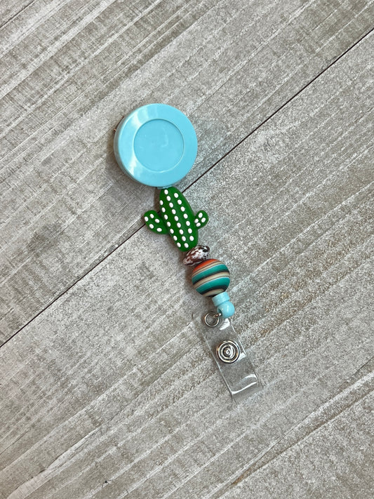 Turquoise Neutral Serape Cactus Badge Reel