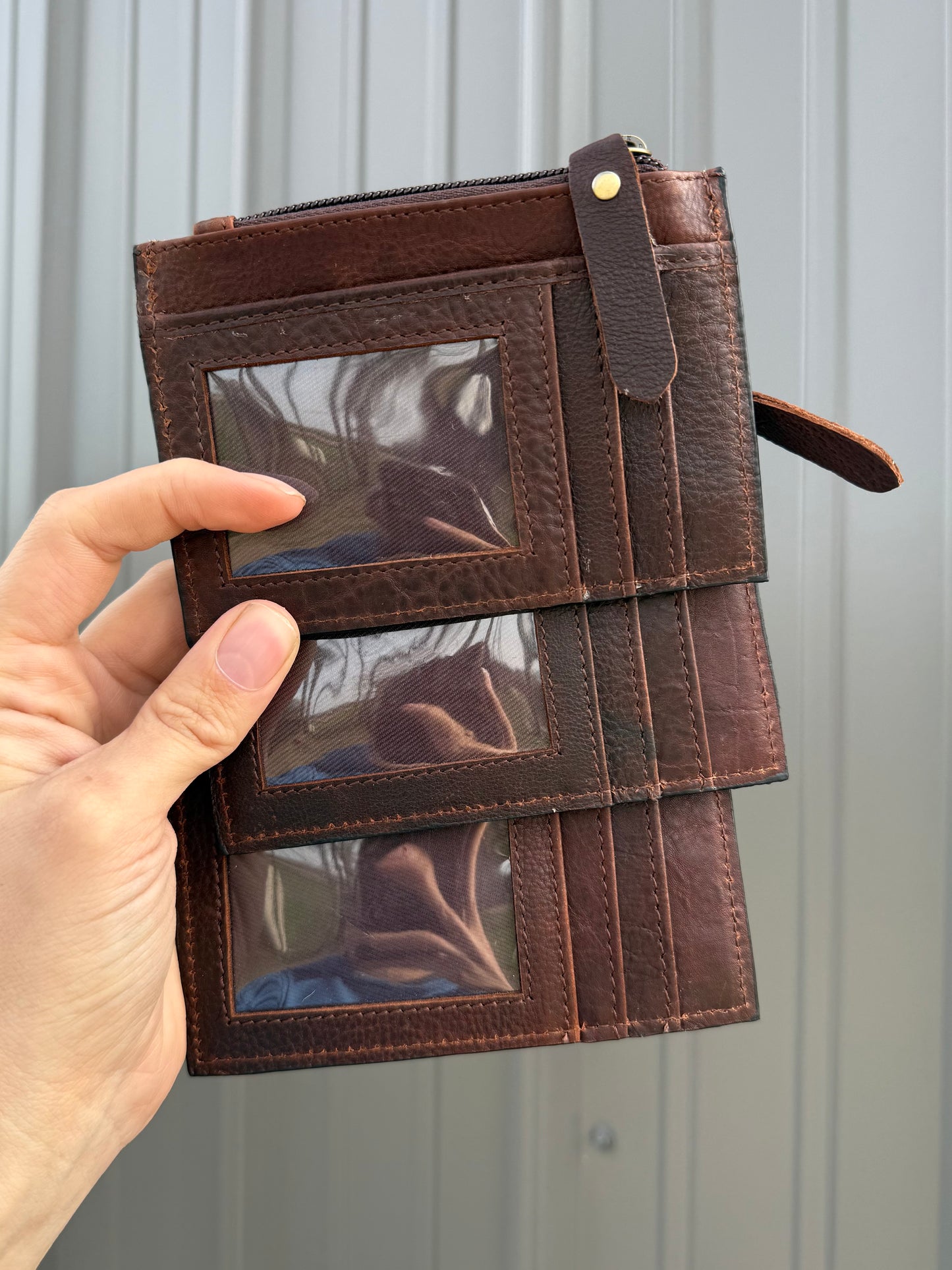 Rectangle Tooled Leather Cowhide Zipper Pouch with Card Slots
