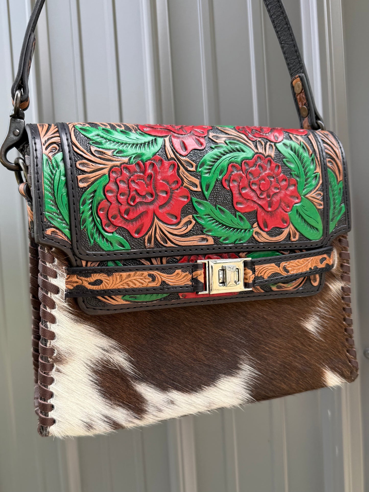 Red Flower Tooled Genuine Cowhide Purse