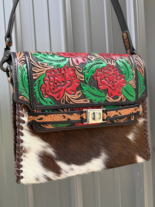 Red Flower Tooled Genuine Cowhide Purse