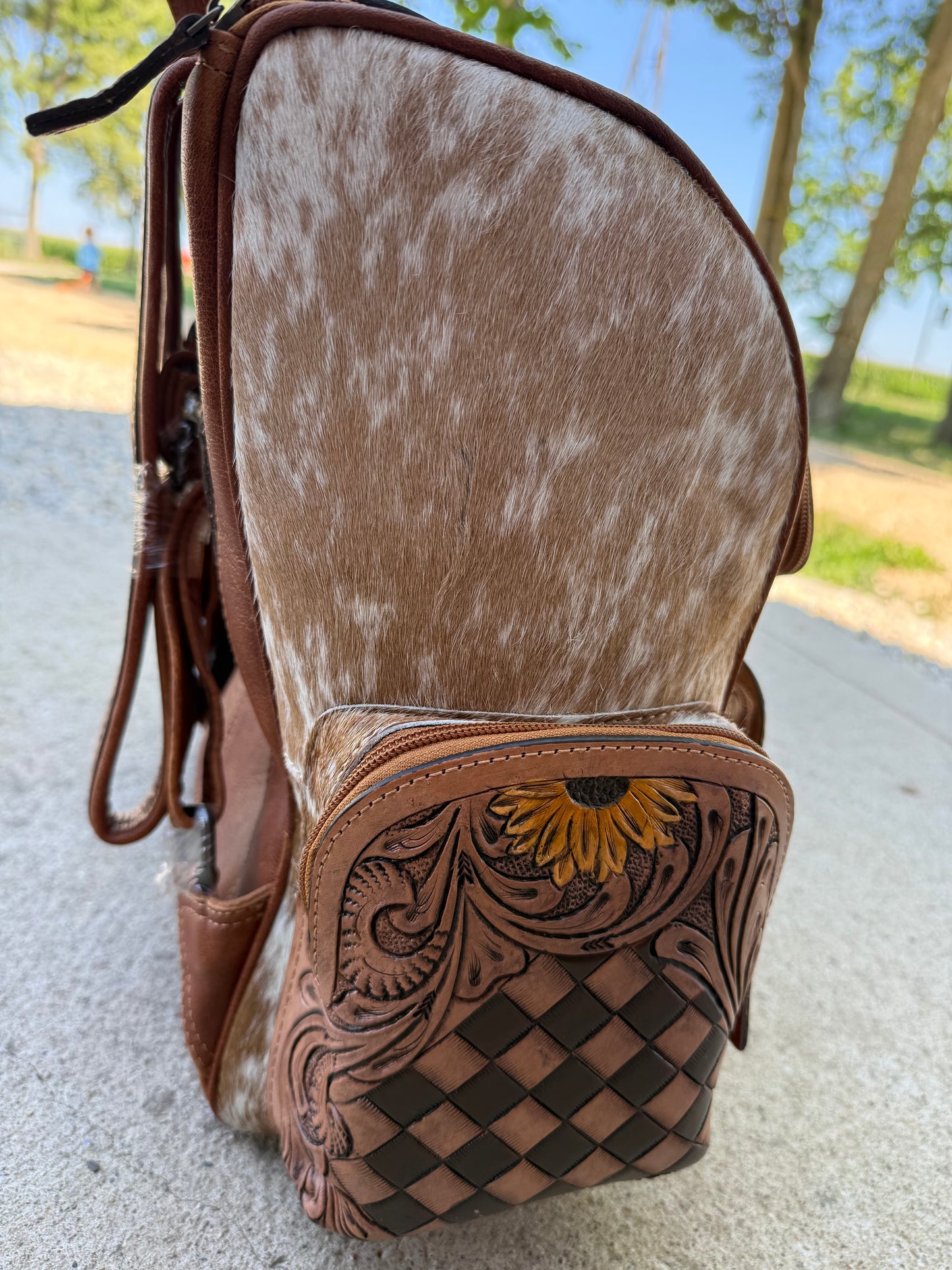 Sunflower Checkered Tooled Leather Brown Cowhide Backpack / Diaper Bag