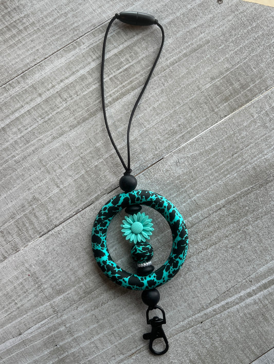 Turquoise Cowhide Flower Car Dangle