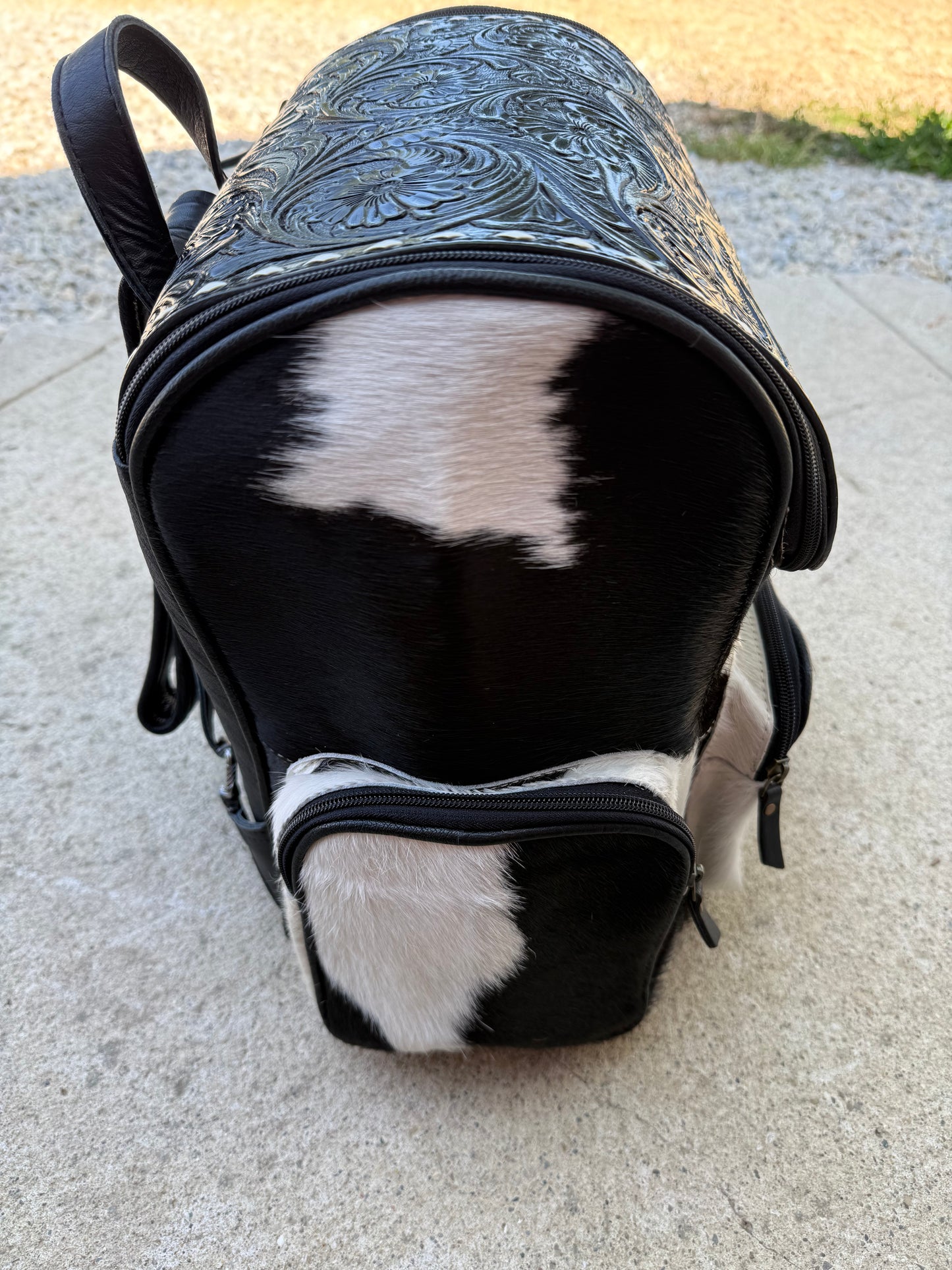 Tooled Leather Black Cowhide Backpack / Diaper Bag