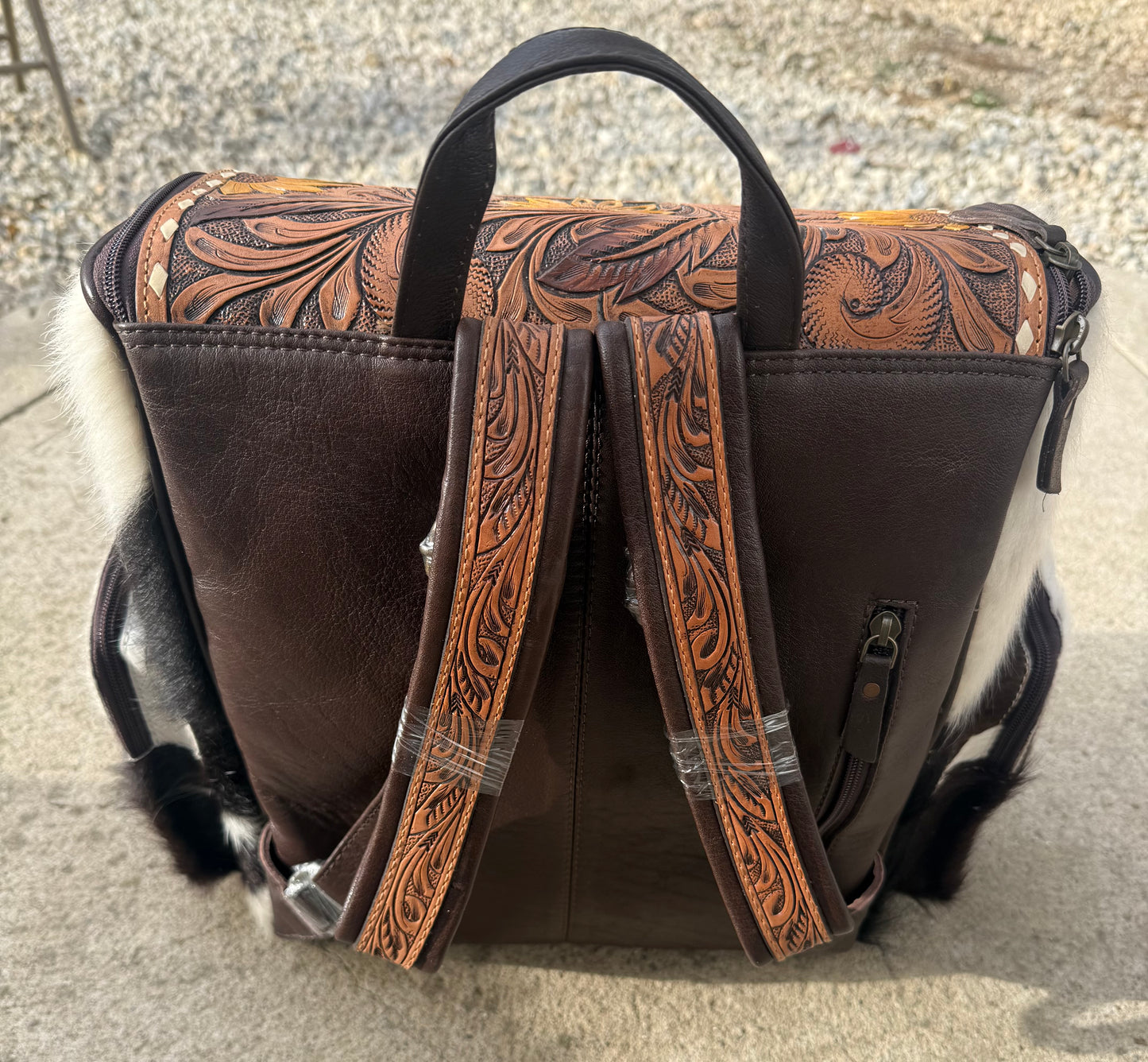 Tooled Leather Black Cowhide Yellow Sunflower with Turquoise Backpack / Diaper Bag
