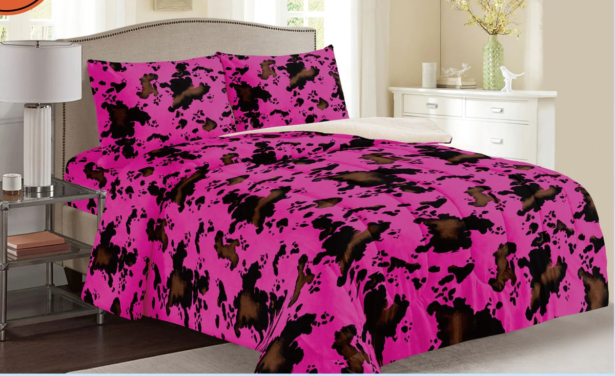 King Size Pink Cowhide Sherpa Bedding Set