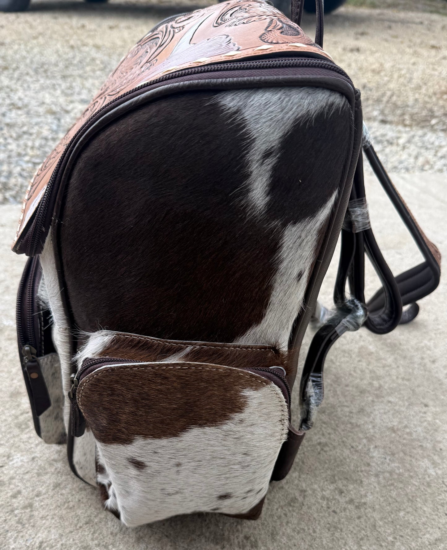 Tooled Leather Highland Cow Brown Cowhide Backpack / Diaper Bag
