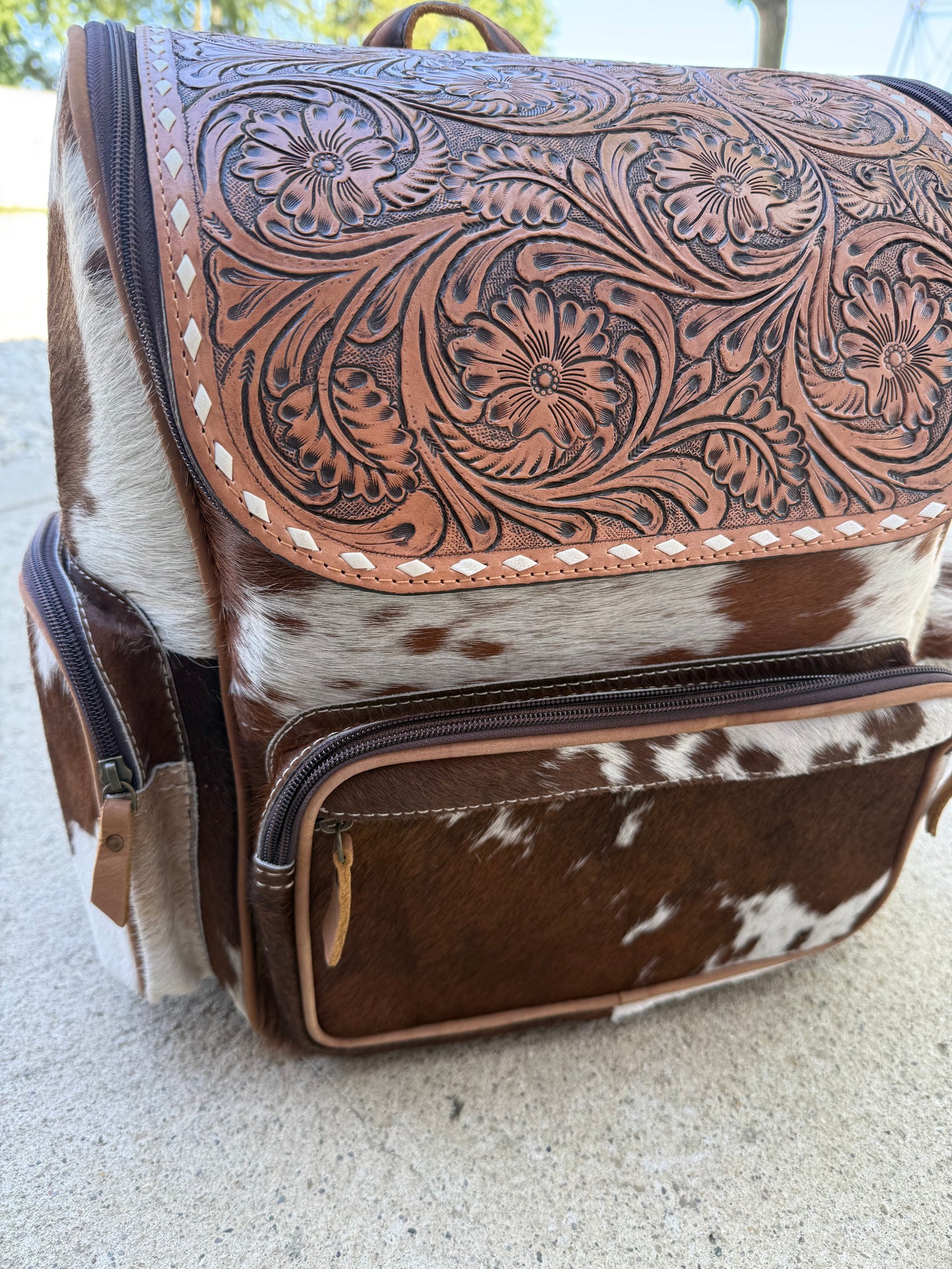 Tooled Leather Spotted Brown Cowhide Rustic Leather Backpack / Diaper Bag