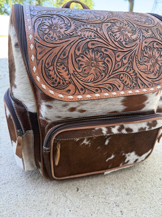 Tooled Leather Spotted Brown Cowhide Rustic Leather Backpack / Diaper Bag