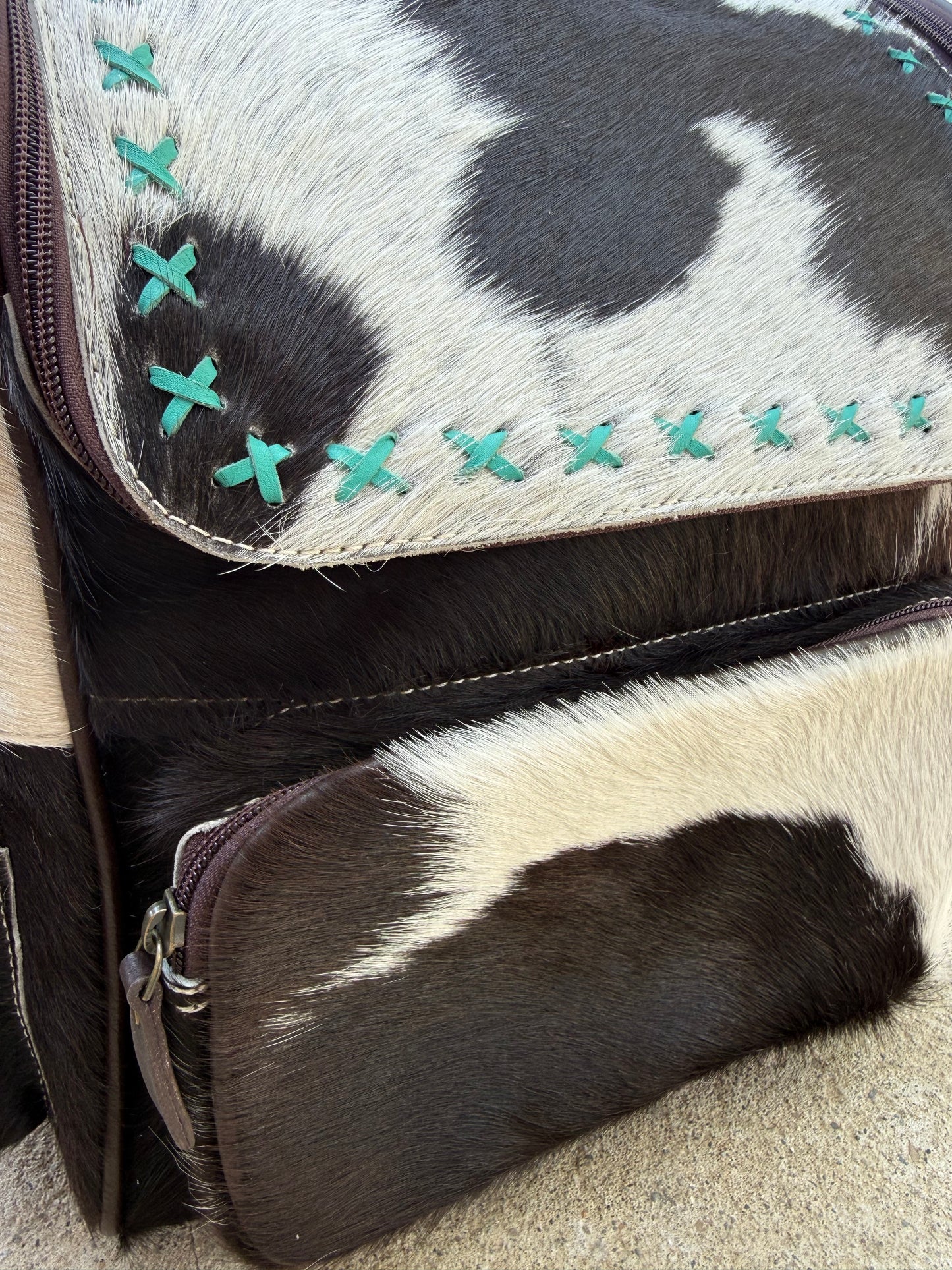 Black & White Cowhide Turquoise Stitching Backpack / Diaper Bag