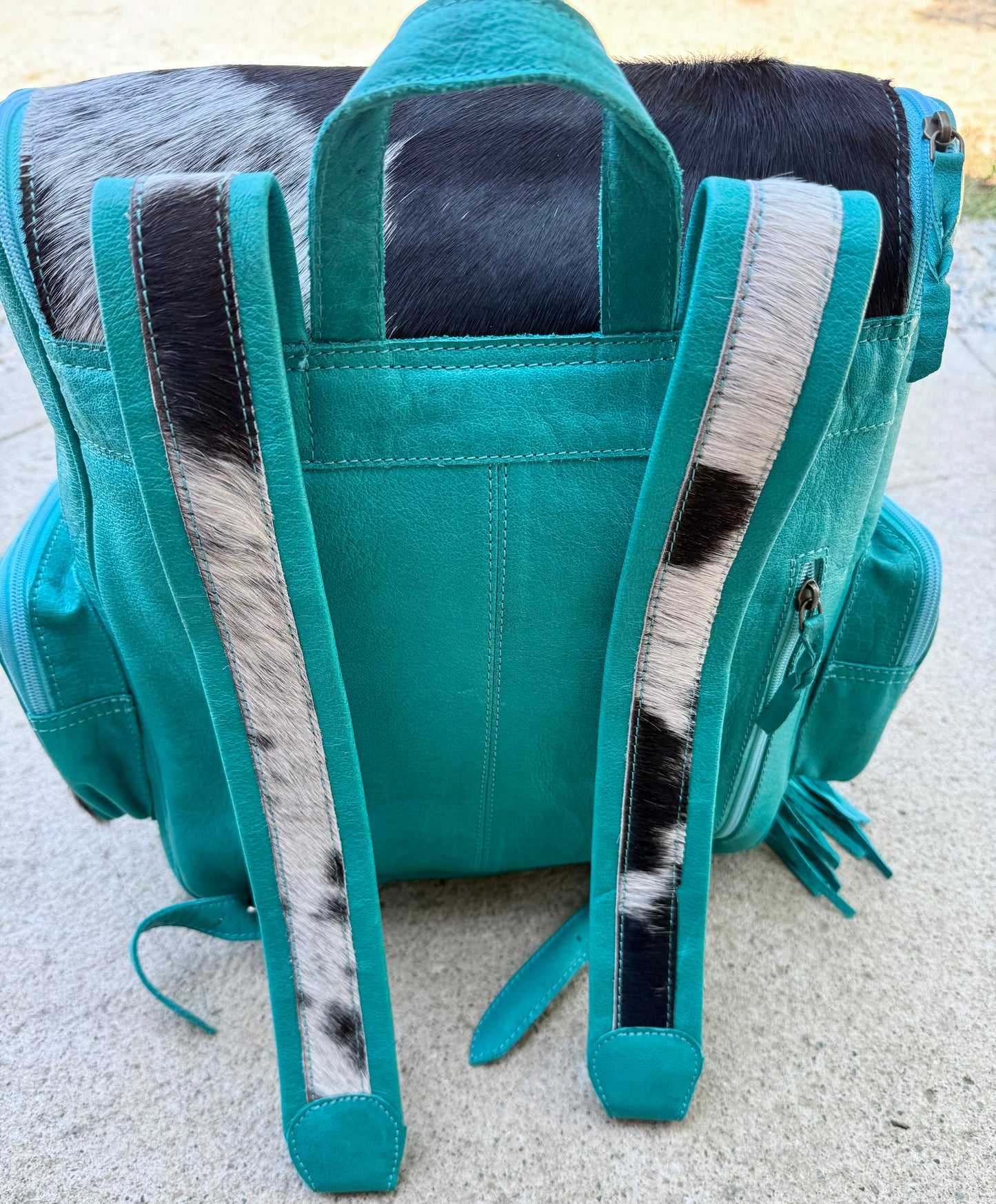 Turquoise Leather Fringe Cowhide Backpack / Diaper Bag