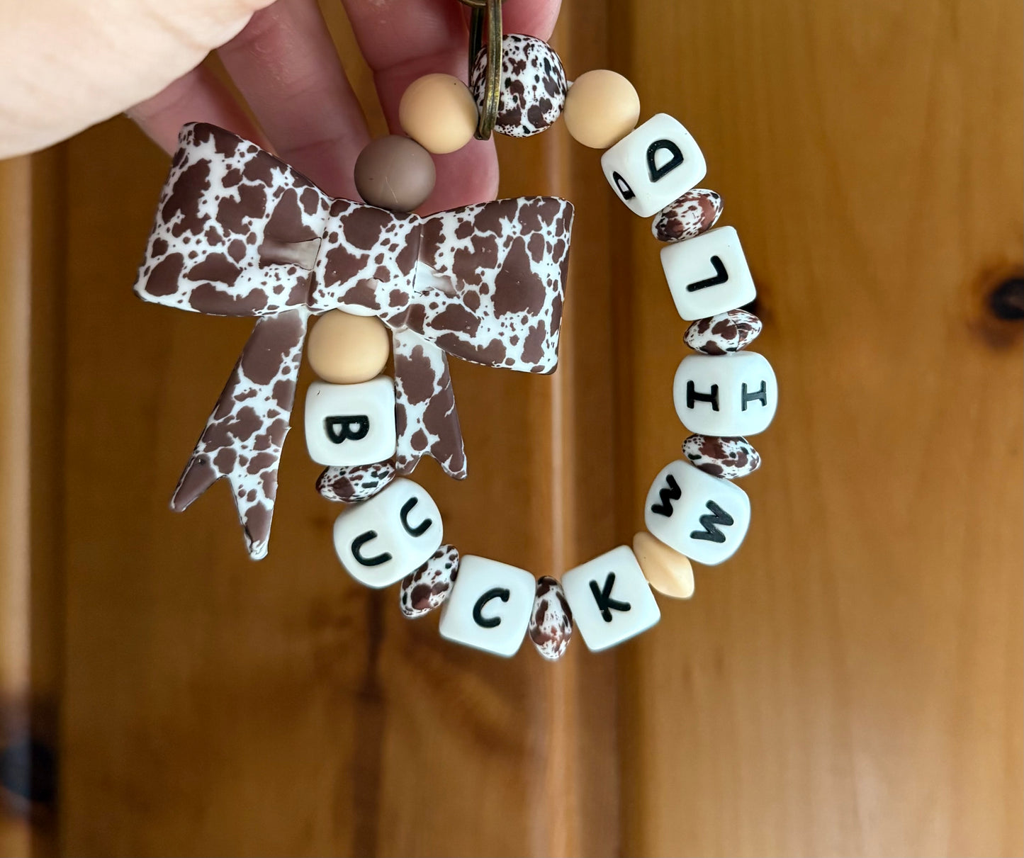 Brown Cowhide Bow Custom Name Wristlet