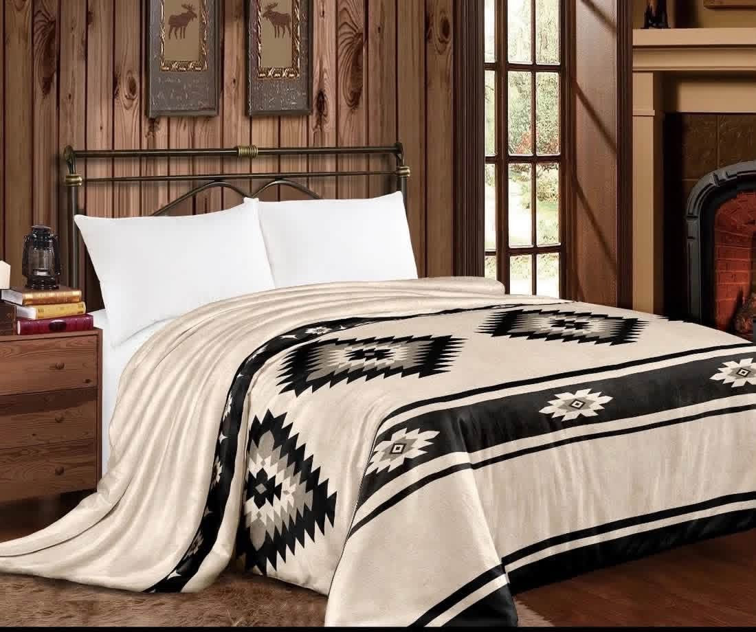 Gray Beige Black Aztec Super Plush King Blanket