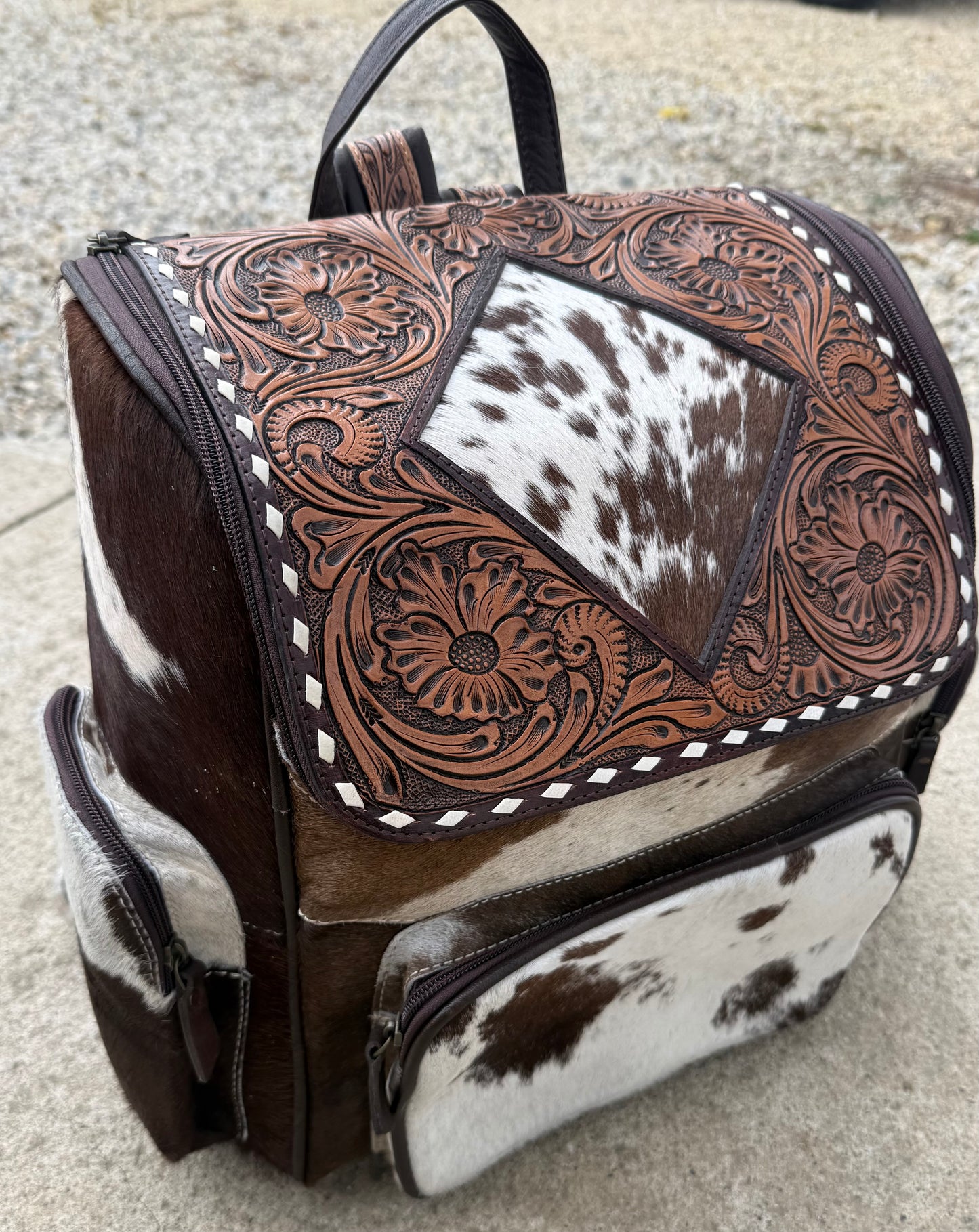 Tooled Leather Brown Speckled Cowhide Diamond Backpack / Diaper Bag