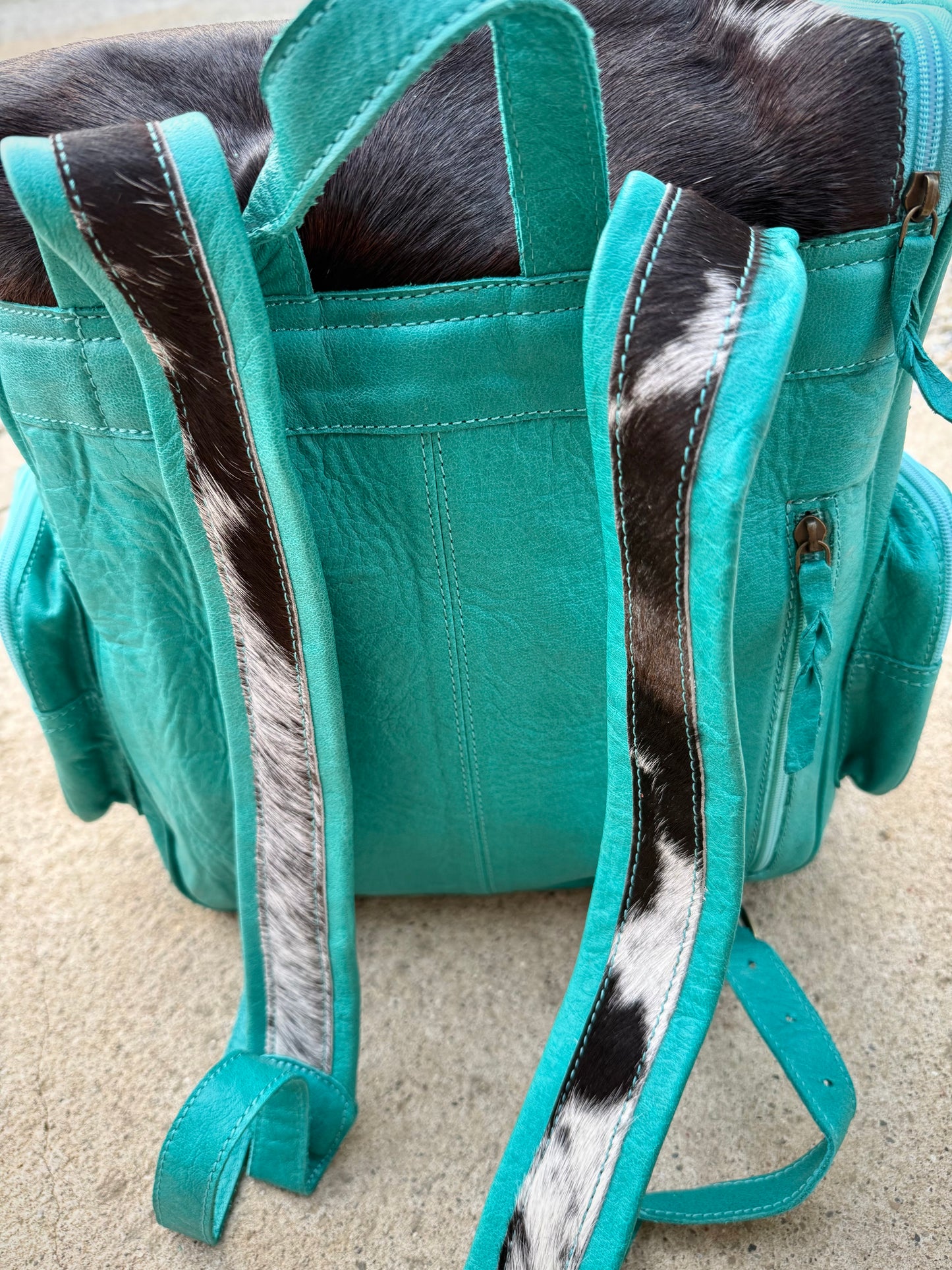 Turquoise Leather Cowhide Backpack / Diaper Bag