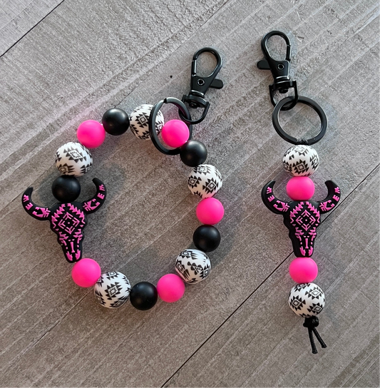 Pink/White Aztec Cow Skull keychain Set