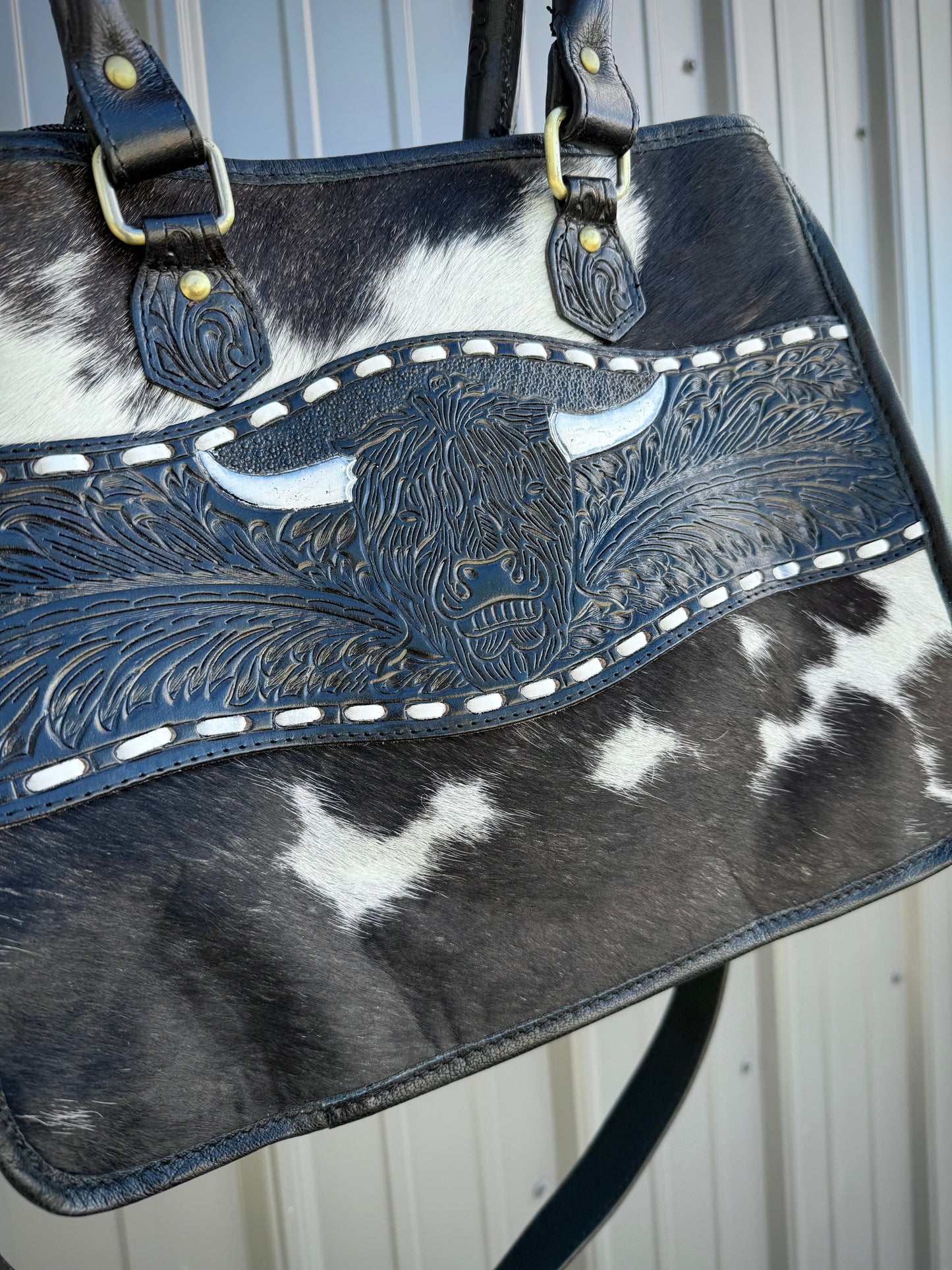 Black Tooled Genuine Cowhide Highland Cow Purse with Crossbody