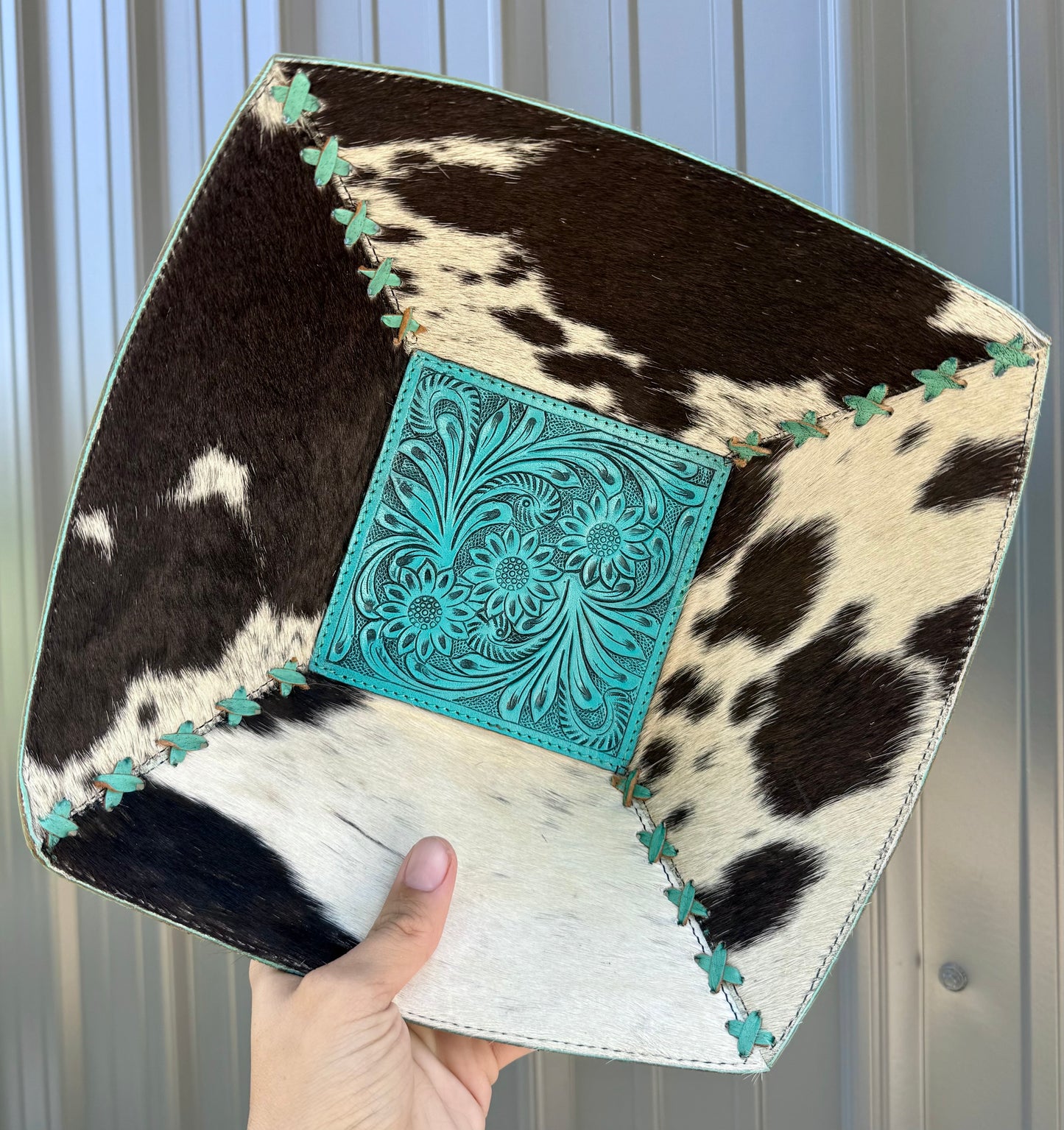 Large Turquoise Tooled Black & White Genuine Cowhide Catch All Bowl