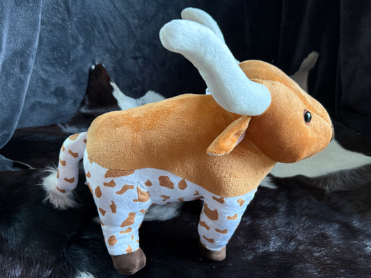 Brown Cowhide Print Long Horn Cow Plushie