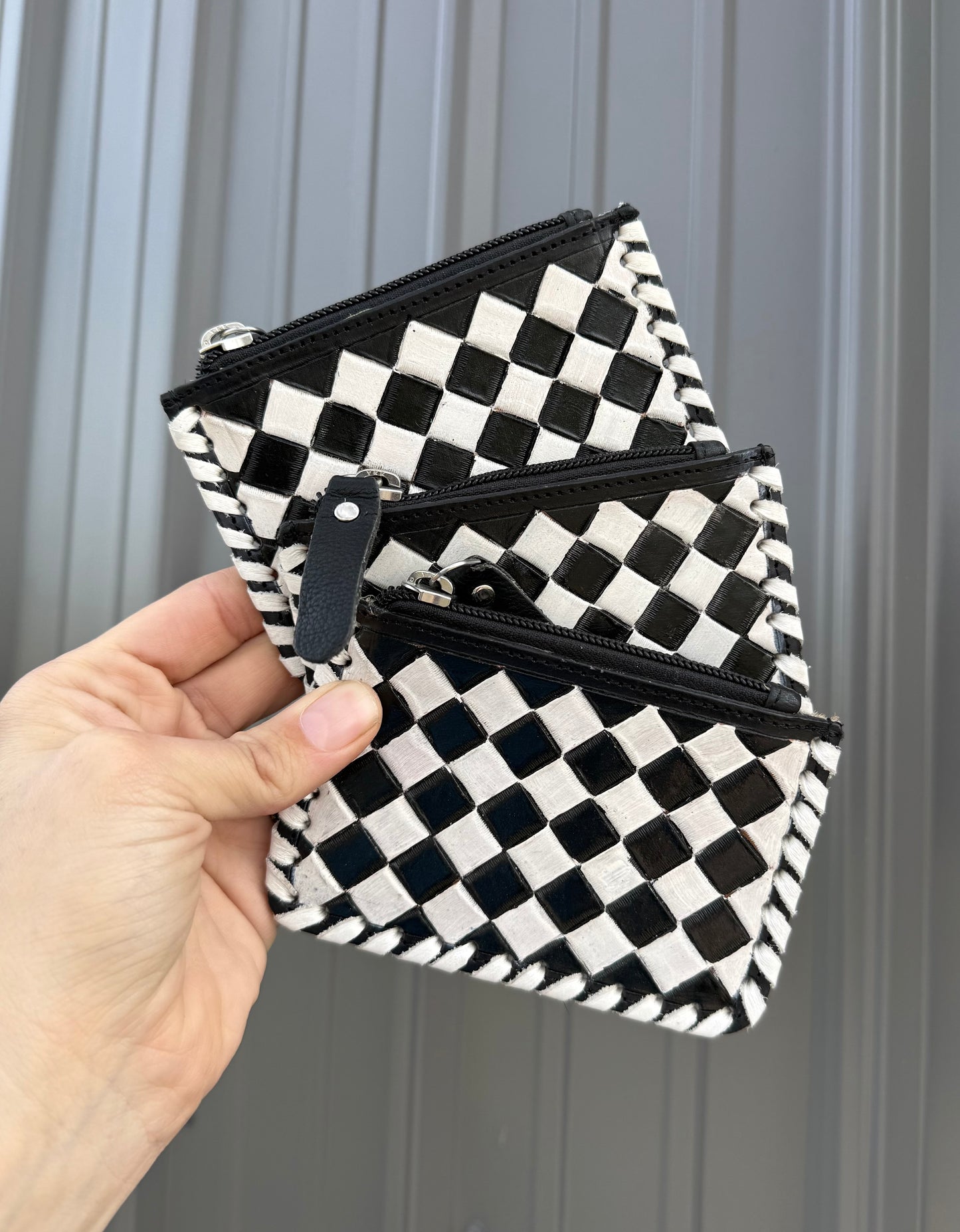 Checkered Tooled Leather Coin Purse with cowhide backing