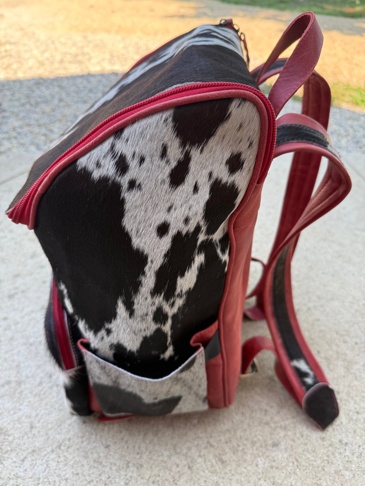 Red Leather Black Cowhide Backpack / Diaper Bag