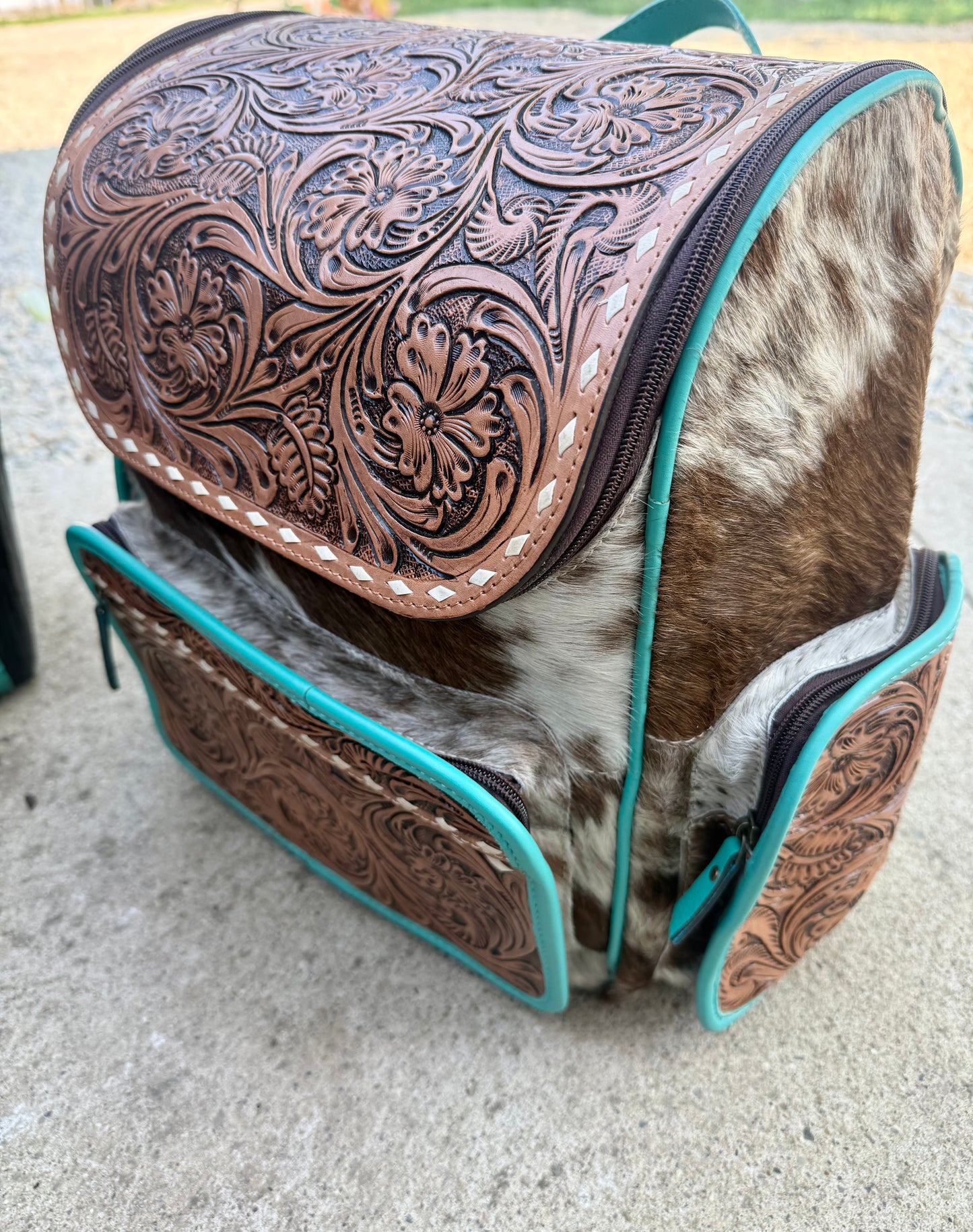Tooled Leather Turquoise Speckled Brown Cowhide Backpack / Diaper Bag