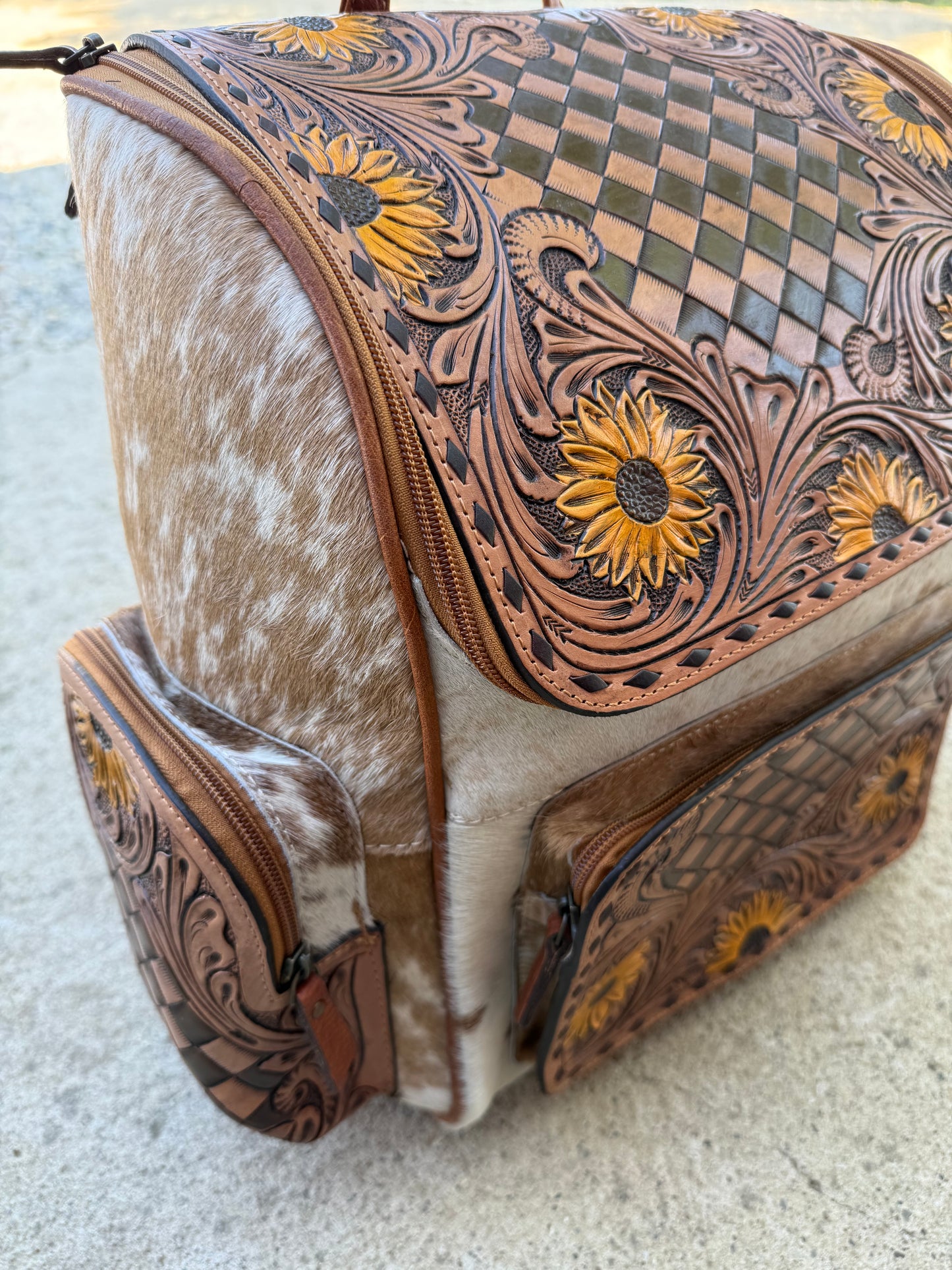 Sunflower Checkered Tooled Leather Brown Cowhide Backpack / Diaper Bag