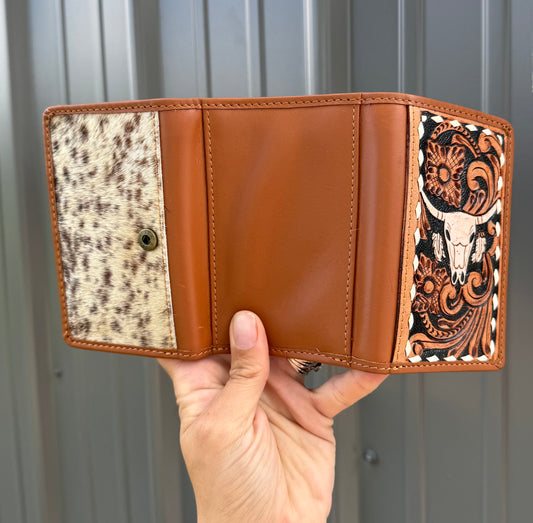 Tooled Cow Skull Genuine Cowhide Tri Fold Women’s or Men’s Wallet
