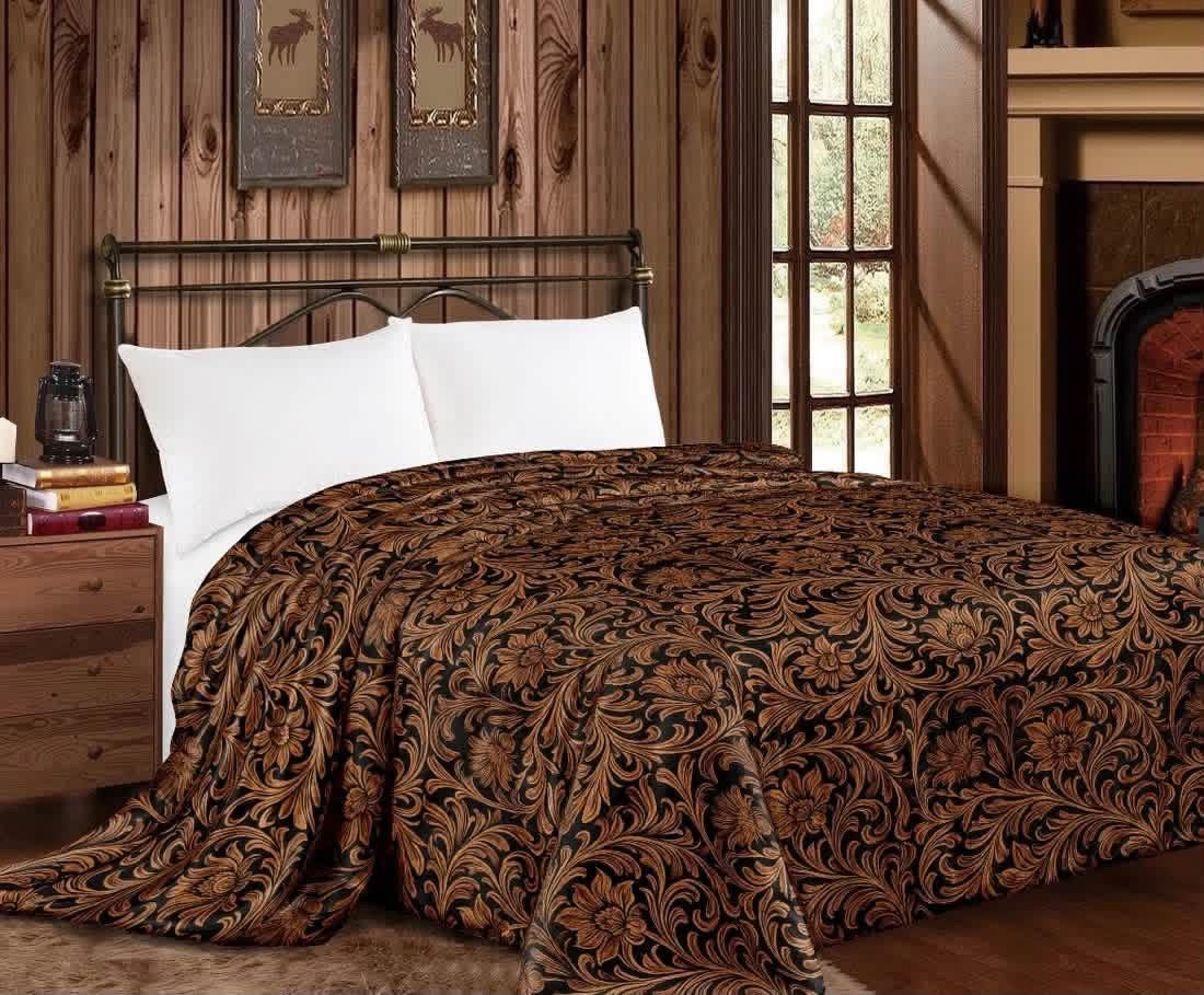 Brown Tooled Leather Super Plush King Blanket