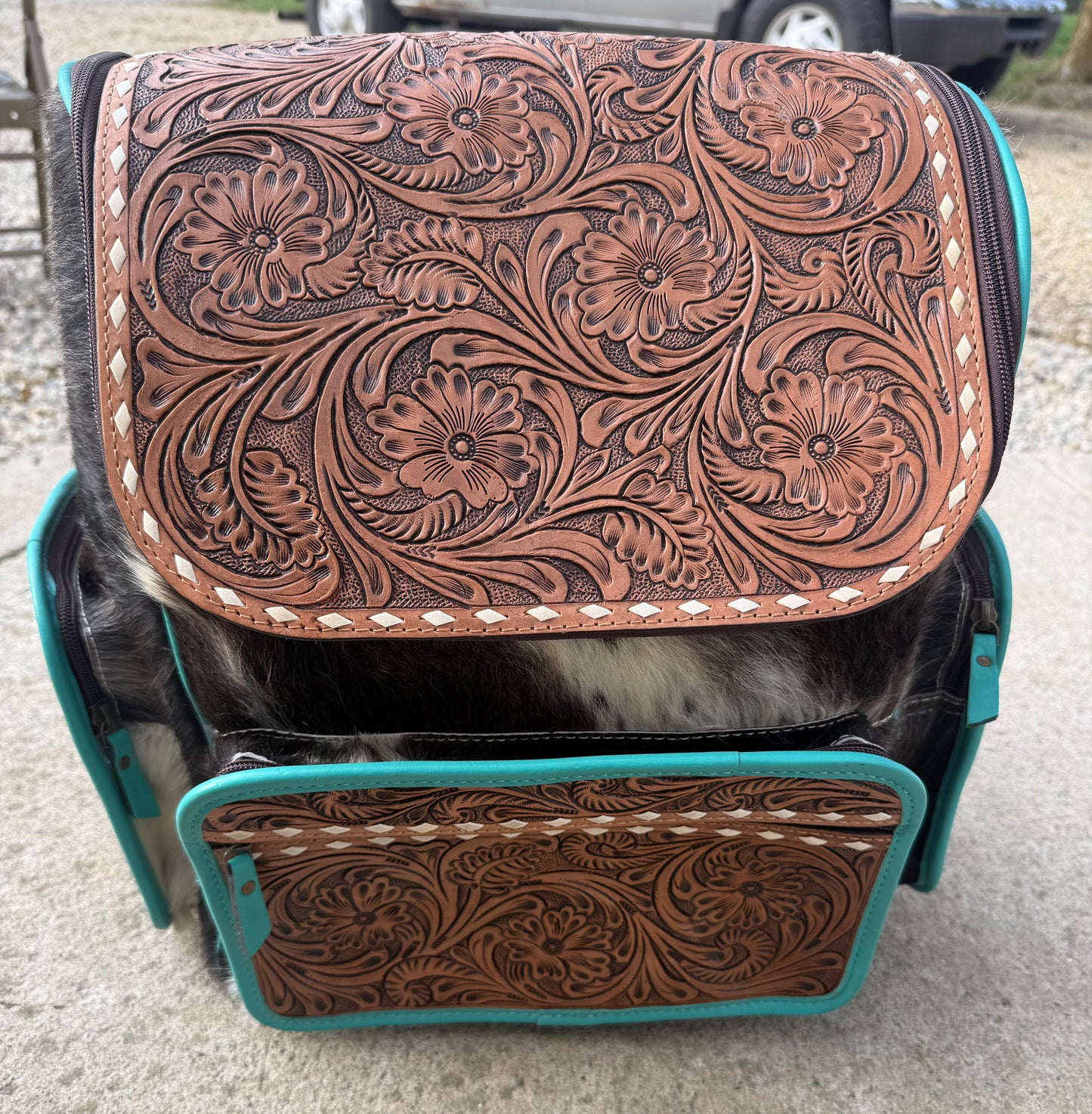 Turquoise Accent Tooled Leather Black Cowhide Backpack / Diaper Bag