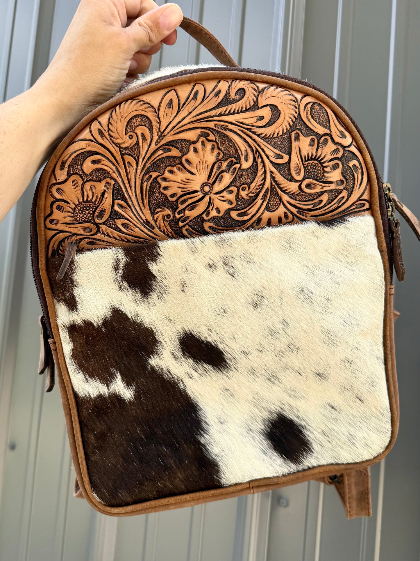 Genuine Tooled Leather Cowhide Mini Backpack