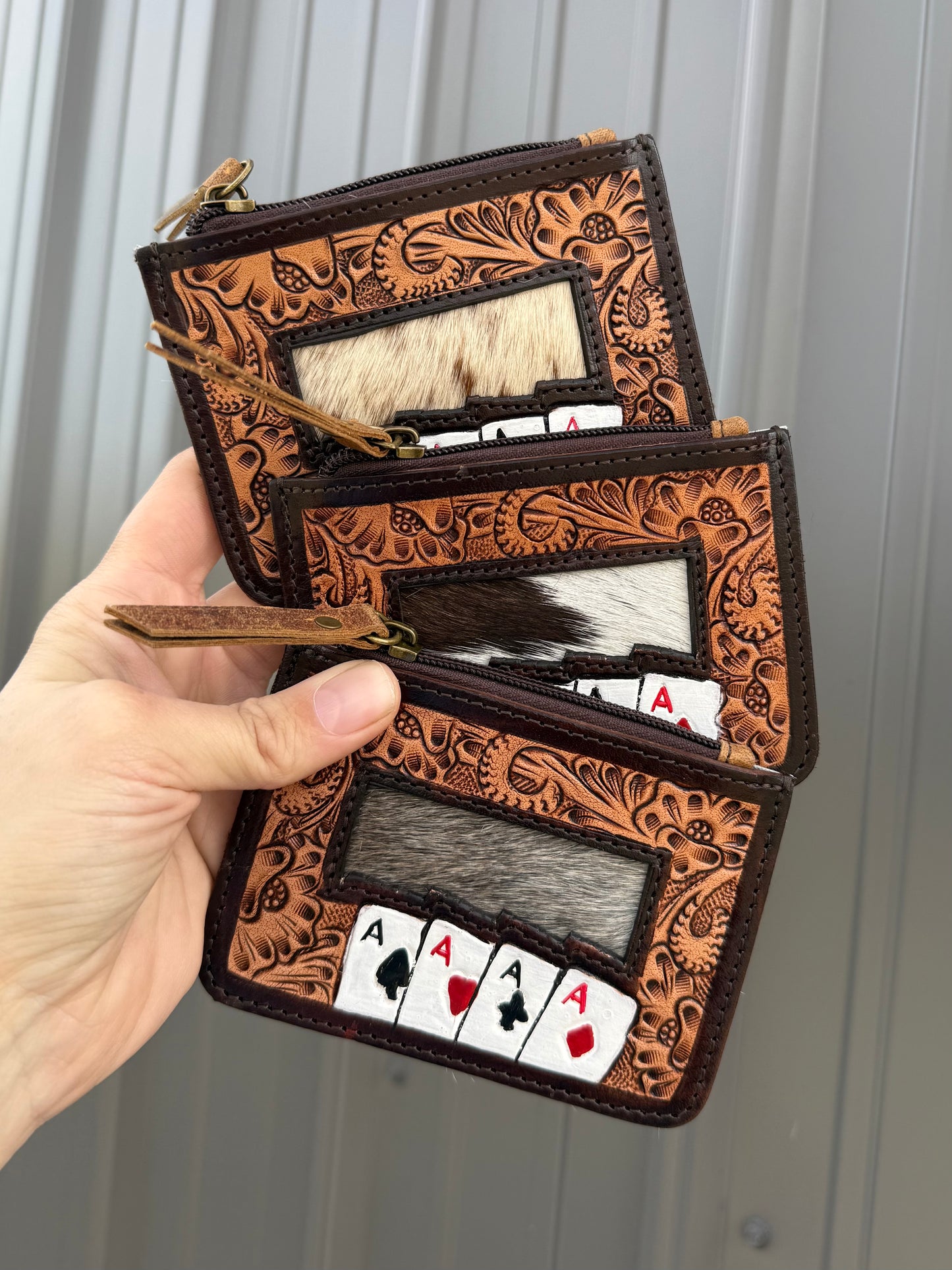 Ace Cards Cowhide Patch Tooled Leather Zipper Pouch