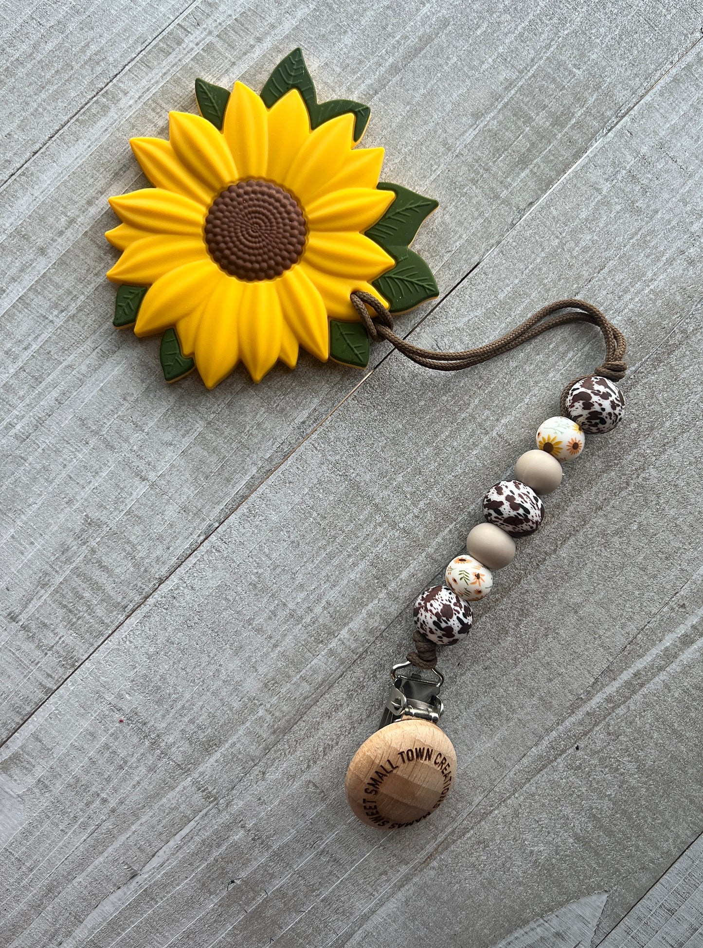 Brown Cow Print Sunflower Teether Clip