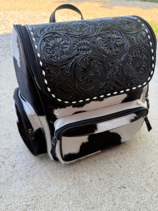 Tooled Leather Black Cowhide Backpack / Diaper Bag
