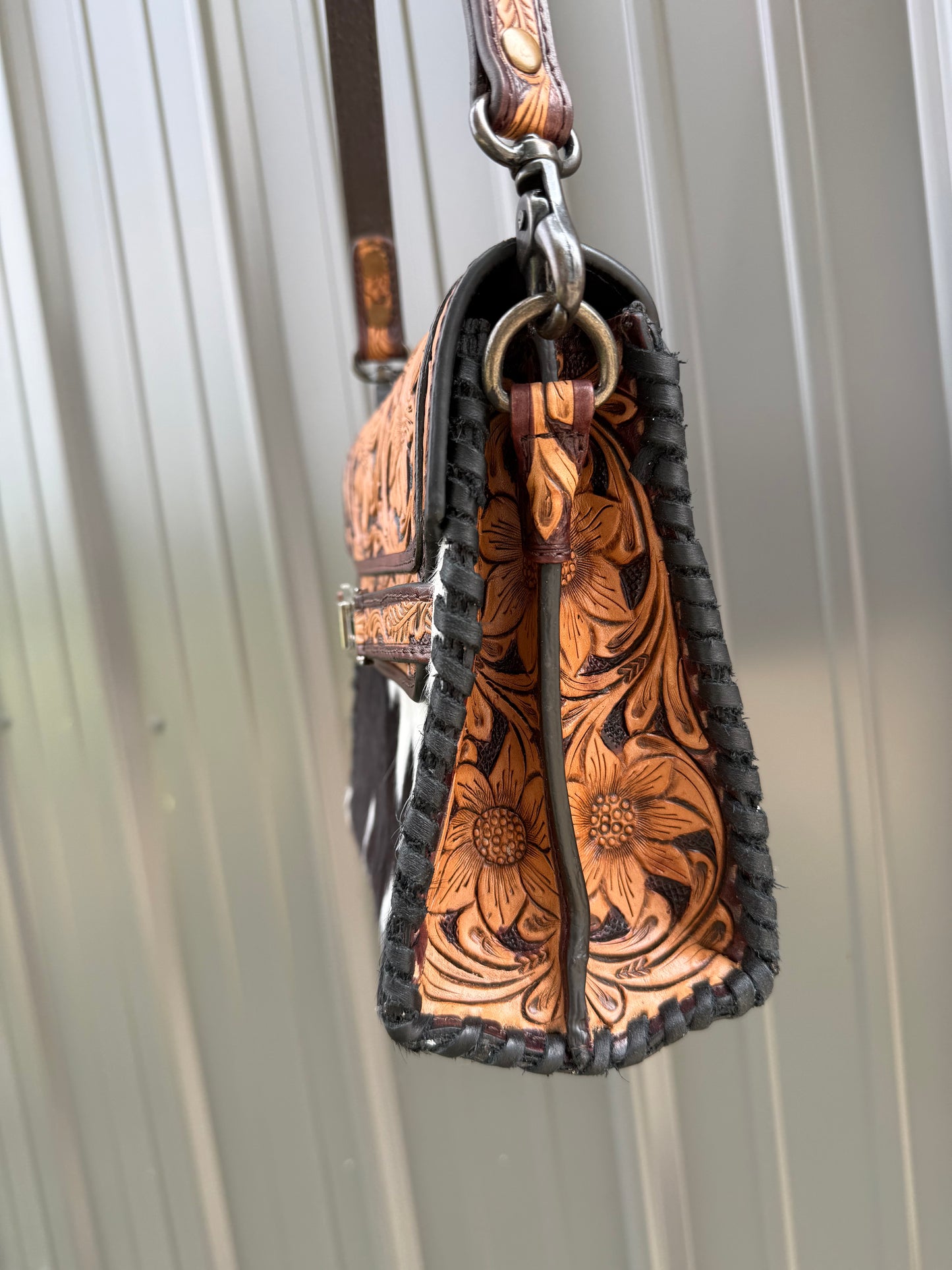 Brown Tooled Genuine Black Cowhide Purse