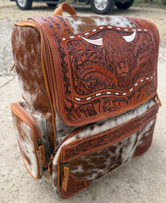 Highland Cow Tooled Leather Brown Cowhide Backpack / Diaper Bag