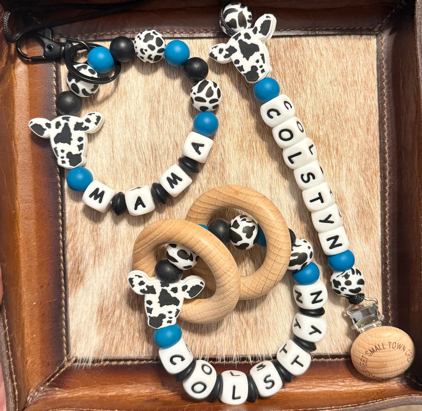 Black Cowhide Dusty Blue Teal Custom Name Teether Set