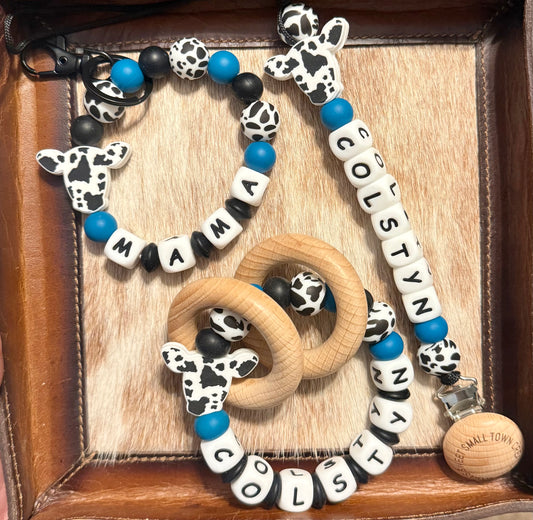 Black Cowhide Dusty Blue Teal Custom Name Teether Set