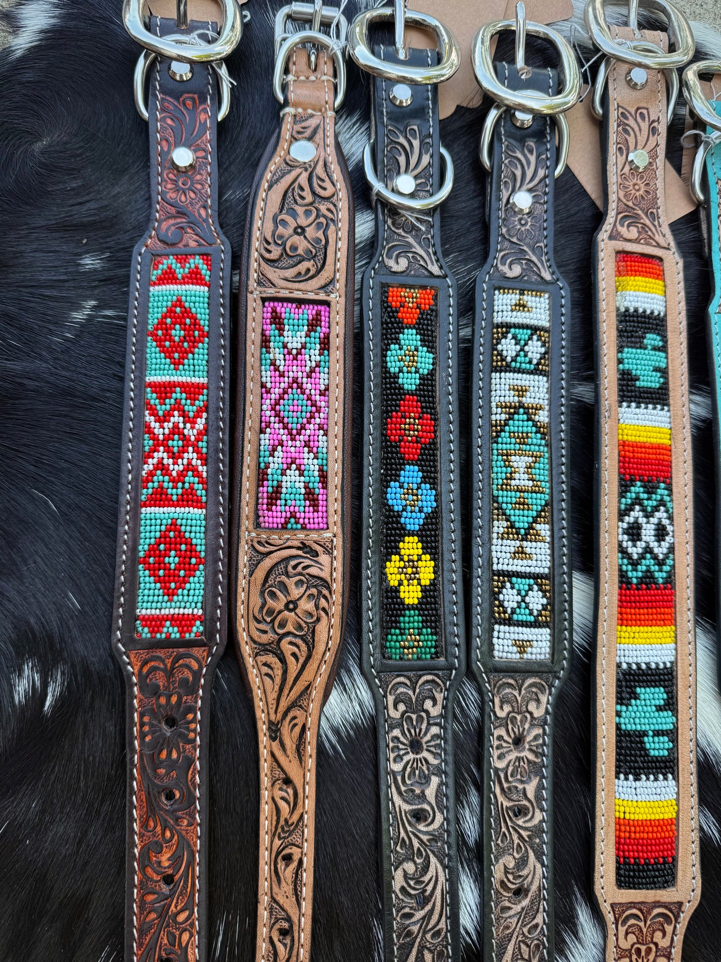 Western Genuine Leather Beaded Dog Collar