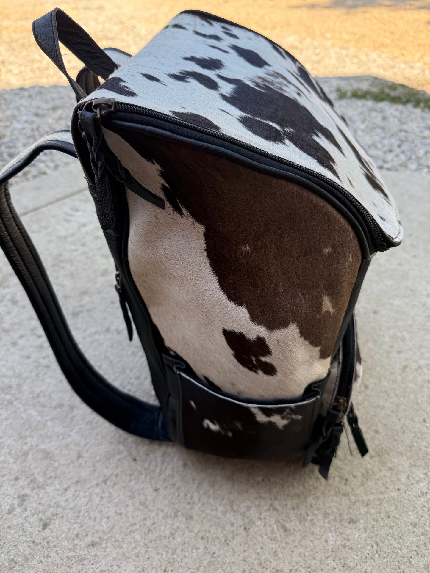 Black Leather Black & White Cowhide Backpack / Diaper Bag