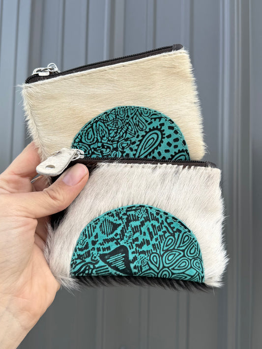 Turquoise Patch Cowhide Zipper Pouch