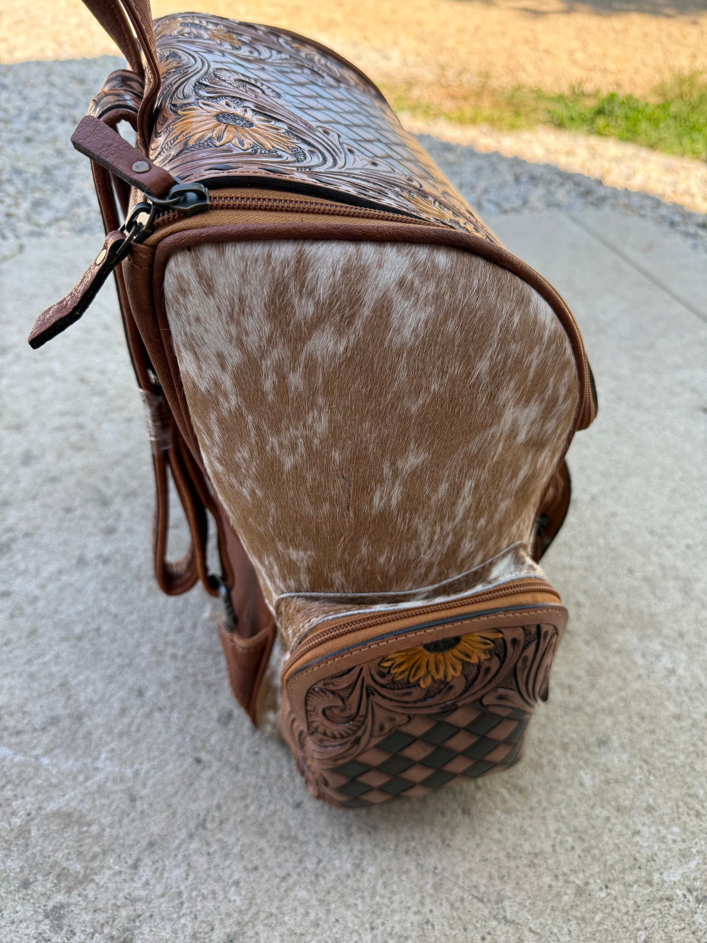 Sunflower Checkered Tooled Leather Brown Cowhide Backpack / Diaper Bag