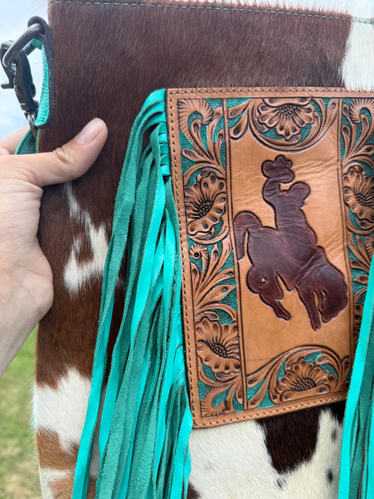 Bucking Horse Genuine Leather Turquoise Fringe Crossbody Purse