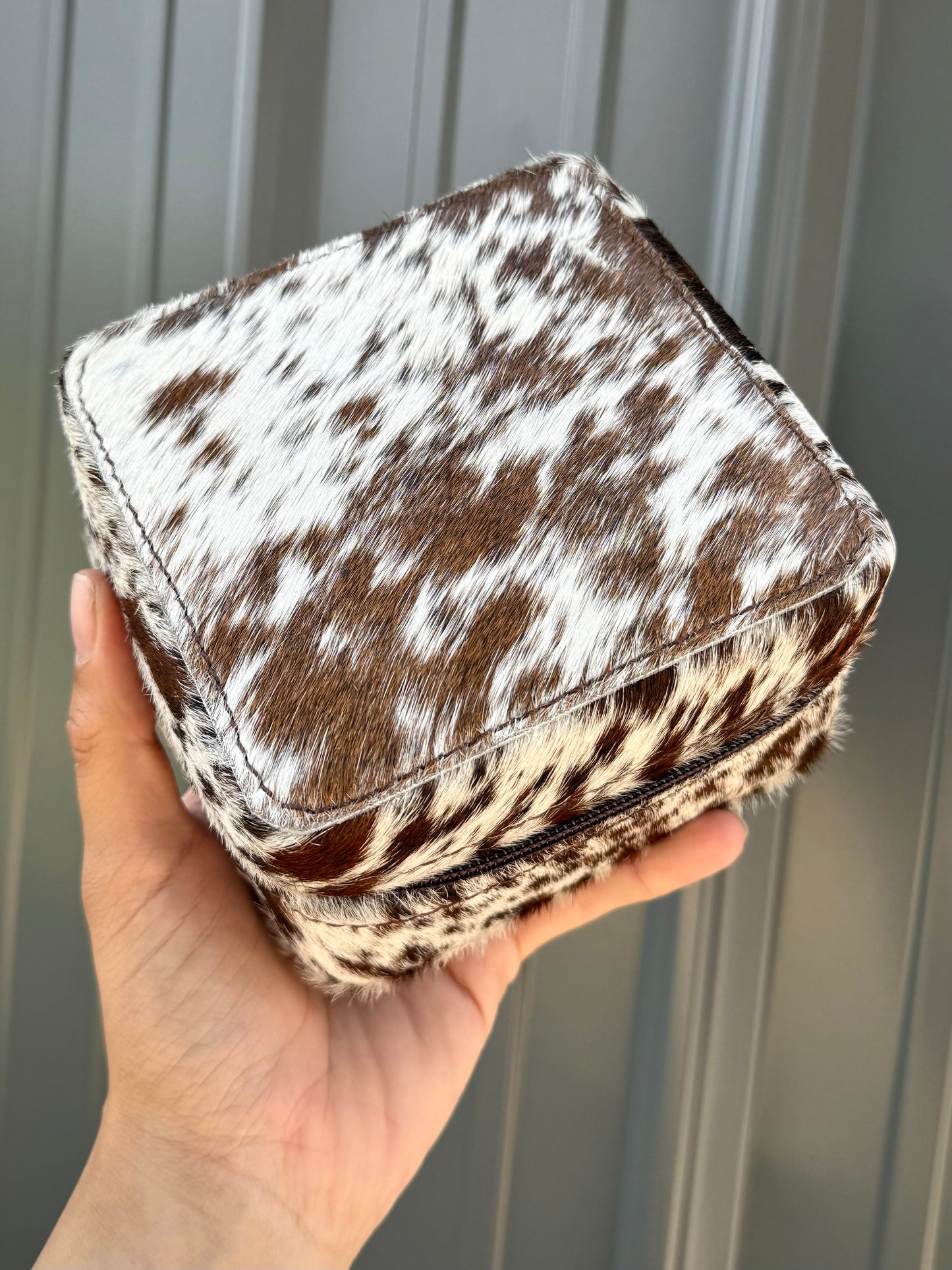 Dark Brown Speckled Cowhide Square Jewelry Zipper Box