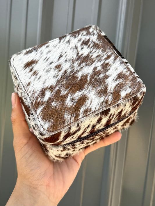 Dark Brown Speckled Cowhide Square Jewelry Zipper Box