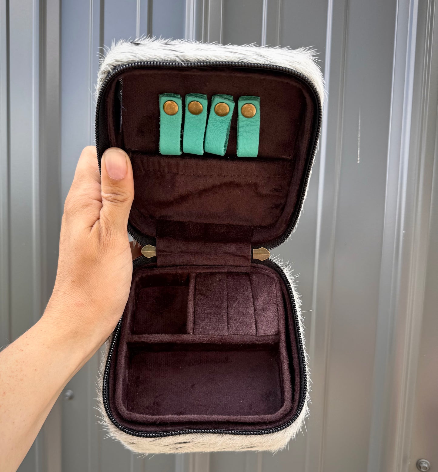 Turquoise Thunderbird Salt & Peeper Speckled Cowhide Square Jewelry Zipper Box